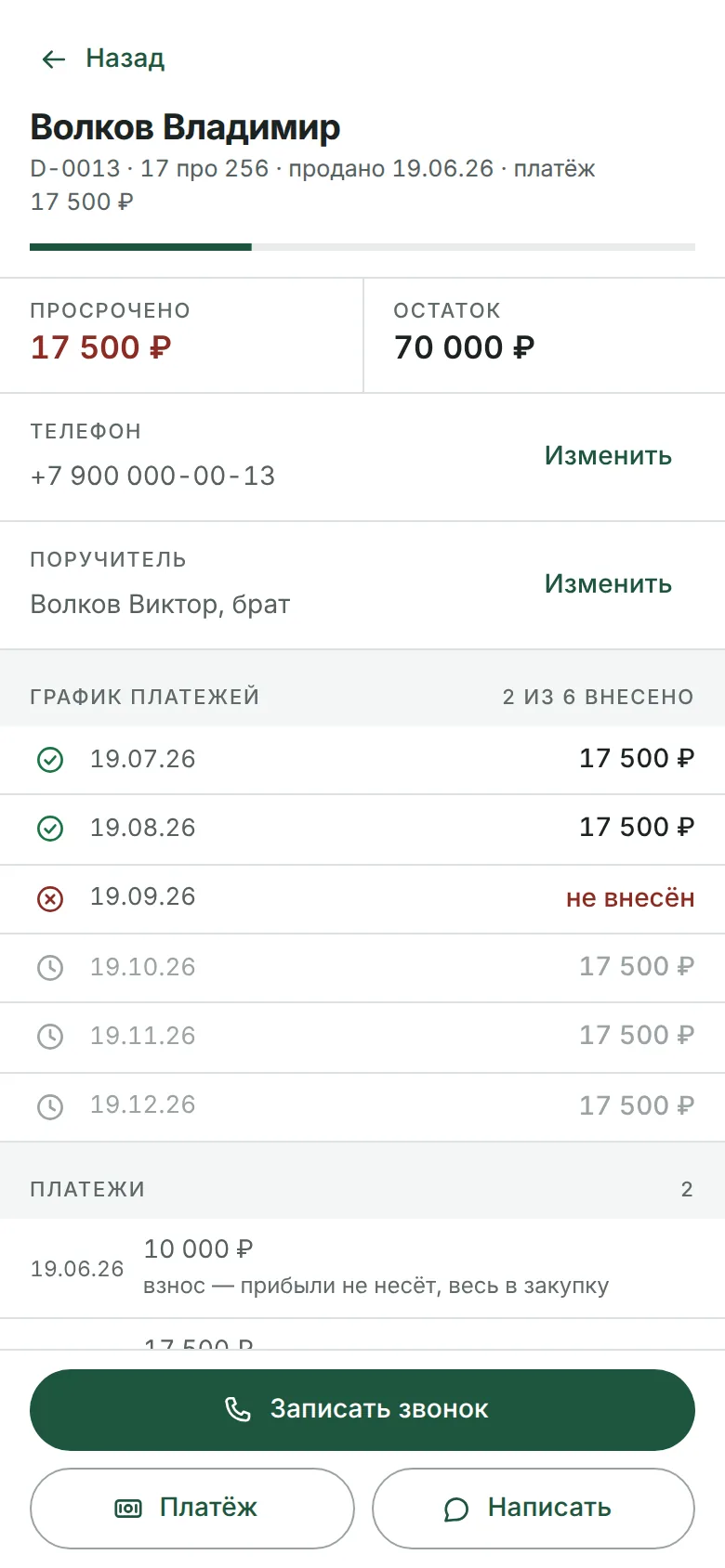 Карточка сделки на телефоне: график из шести платежей, два внесены, один не внесён, и кнопки «Записать звонок», «Платёж», «Написать»